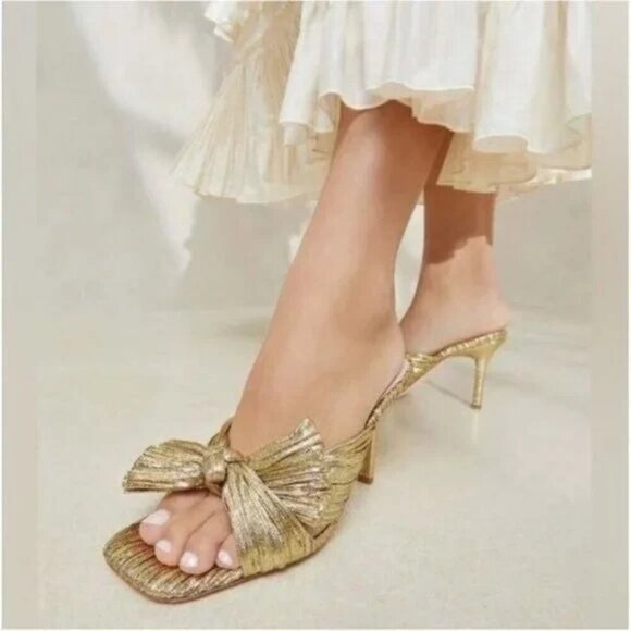 Loeffler Randall Shoes - NEW Loeffler Randall Claudia Pleated Bow Heeled Sandal Gold Dress Shoe Size 6.5